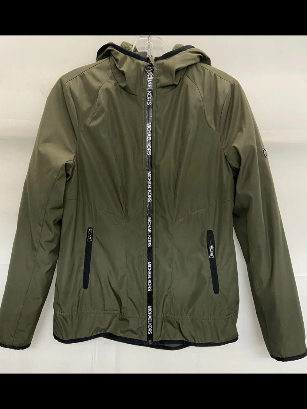 Michael Kors Olive Green Fleece Lined Hooded Windbreaker Jacket Size XS